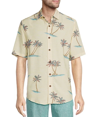 Caribbean Island Palm Print Short Sleeve Woven Shirt
