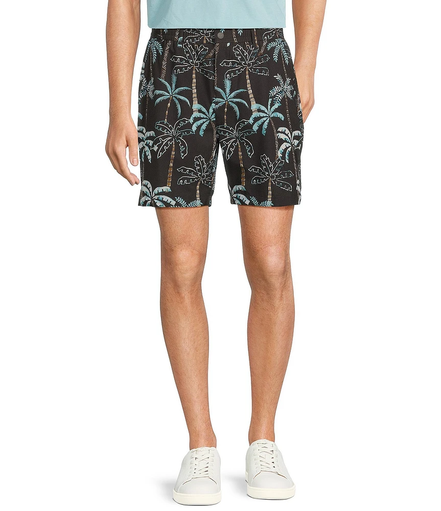 Caribbean Isle Breeze Flat Front Palm Print Performance Stretch 7#double; Inseam Shorts