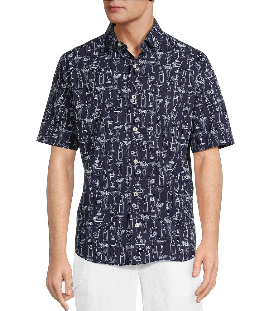 Caribbean Isle Breeze Performance Stretch Cocktails Print Short Sleeve Woven Shirt