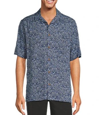 Caribbean Jacquard Mini Fan Leaf Print Short Sleeve Woven Camp Shirt