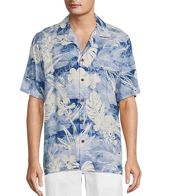 Caribbean Jacquard Watercolor Floral Print Short Sleeve Woven Camp Shirt