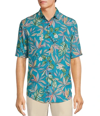 Caribbean Large Floral Print Short Sleeve Woven Shirt