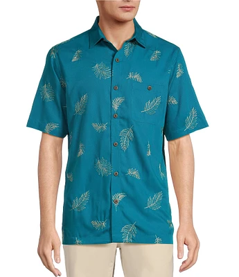 Caribbean Leaf Embroidery Short Sleeve Woven Shirt