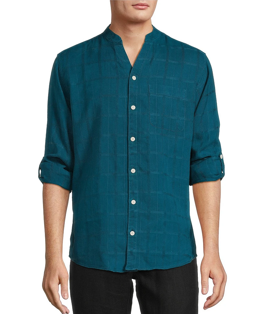 Caribbean Linen Banded Mandarin Collar Long Sleeve Woven Shirt