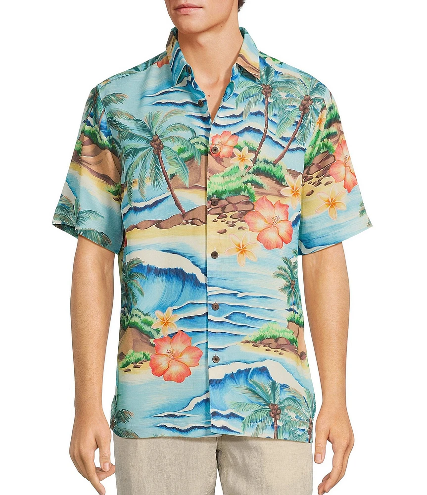 Caribbean Scenic Print Short Sleeve Woven Shirt