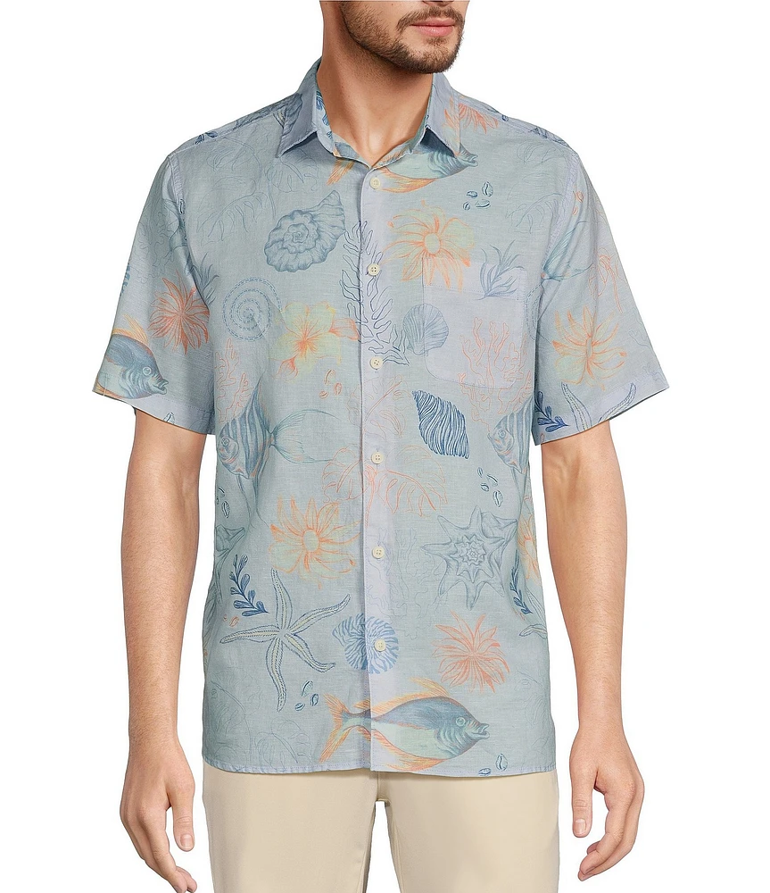 Caribbean Starfish Print Linen Short Sleeve Woven Shirt