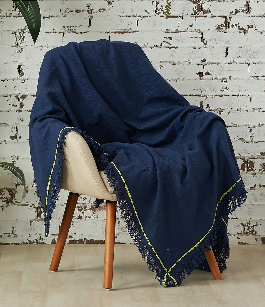carol & frank Cheryl Dobby Weave Pick Stitch Border Indigo Throw Blanket