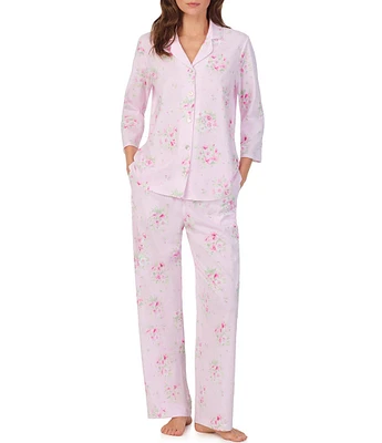 Carole Hochman 3/4 Sleeve Notch Collar Floral Jersey Button Front Long Pajama Set