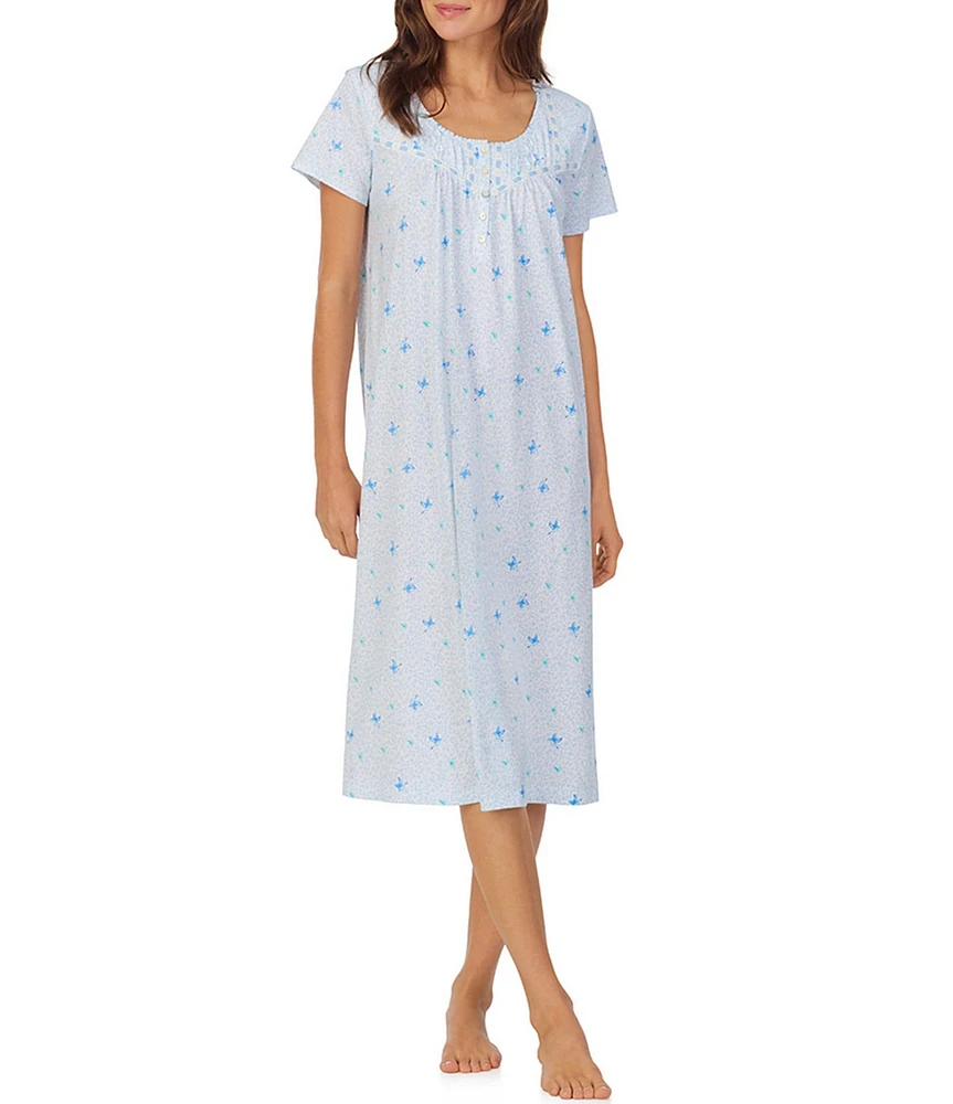Carole Hochman Ditsy Butterfly Print Short Sleeve Round Jersey Knit Waltz Gown