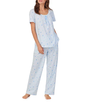 Carole Hochman Ditsy Butterfly Print Short Sleeve Round Neck Cotton Jersey Pant Pajama Set