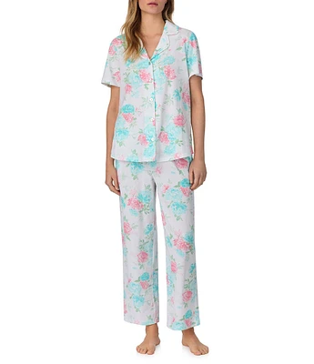 Carole Hochman Ditsy Floral Print Short Sleeve Notch Collar Jersey Knit Capri Pajama Set
