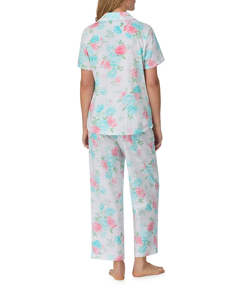 Carole Hochman Ditsy Floral Print Short Sleeve Notch Collar Jersey Knit Capri Pajama Set