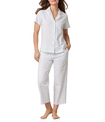 Carole Hochman Floral Print Short Sleeve Notch Collar Jersey Knit Capri Pajama Set