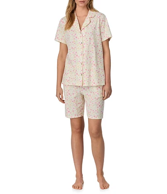 Carole Hochman Floral Print Short Sleeve Notch Collar Jersey Knit Cotton Shorty Pajama Set