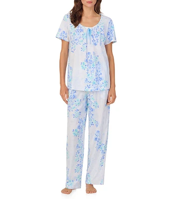 Carole Hochman Floral Print Short Sleeve Round Neck Cotton Jersey Pant Pajama Set