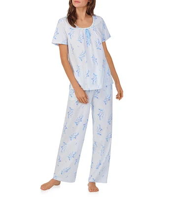 Carole Hochman Floral Print Short Sleeve Round Ruffle Neck Cotton Jersey Pant Pajama Set