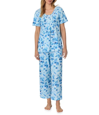 Carole Hochman Floral Print Short Sleeve Round Neck Jersey Knit Cotton Cropped Pajama Set
