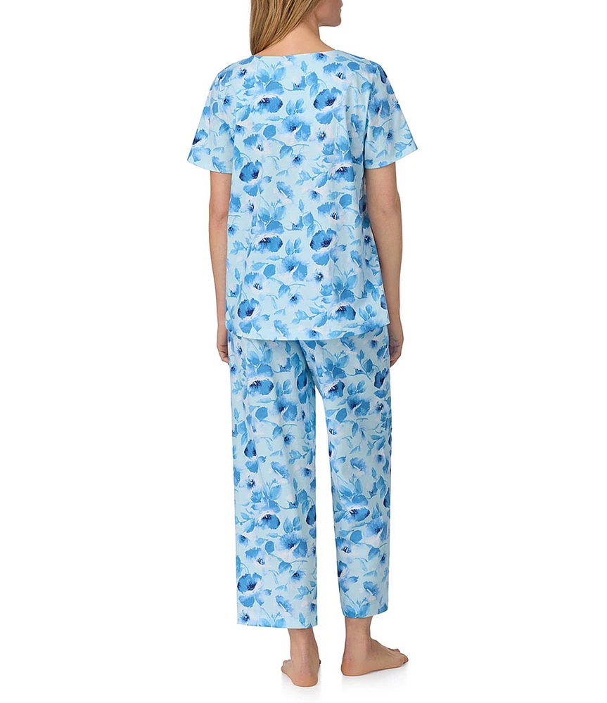 Carole Hochman Floral Print Short Sleeve Round Neck Jersey Knit Cotton Cropped Pajama Set