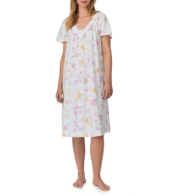 Carole Hochman Floral Print Short Sleeve V-Neck Jersey Knit Cotton Waltz Nightgown