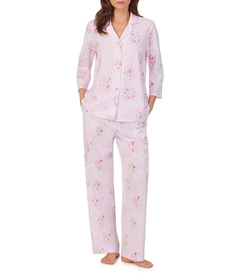 Carole Hochman Petite Size 3/4 Sleeve Notch Collar Floral Jersey Long Pajama Set