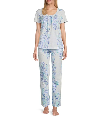 Carole Hochman Petite Size Floral Print Short Sleeve Round Neck Cotton Jersey Pant Pajama Set