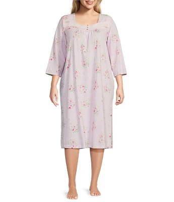 Carole Hochman Plus Size 3/4 Sleeve Sweetheart Neck Floral Jersey Knit Waltz Nightgown