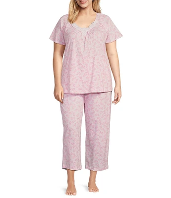 Carole Hochman Plus Size Butterfly Print Short Sleeve V-Neck Jersey Knit Cotton Capri Pajama Set