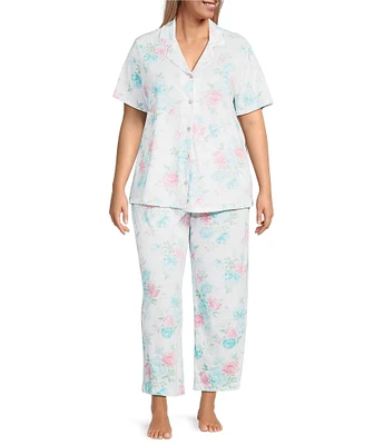 Carole Hochman Plus Size Floral Print Short Sleeve Notch Collar Jersey Knit Capri Pajama Set