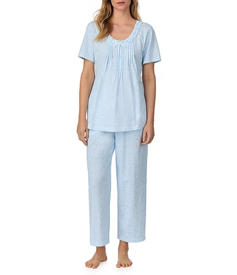 Carole Hochman Printed Short Sleeve Round Neck Jersey Knit Cotton Cropped Pajama Set