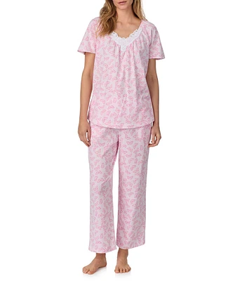 Carole Hochman Printed Short Sleeve V-Neck Jersey Knit Cotton Capri Pajama Set