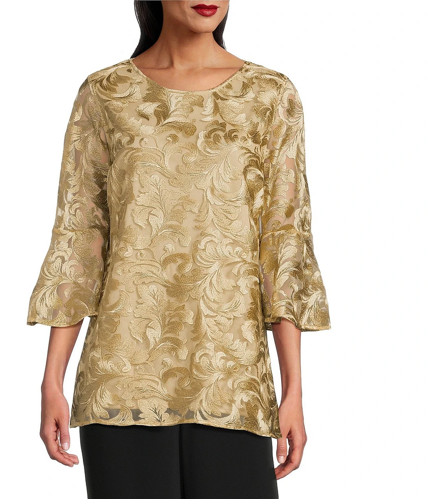 Caroline Rose Bella Soiree Embroidered Mesh Lace Scoop Neck 3/4 Bell Sleeve Tunic