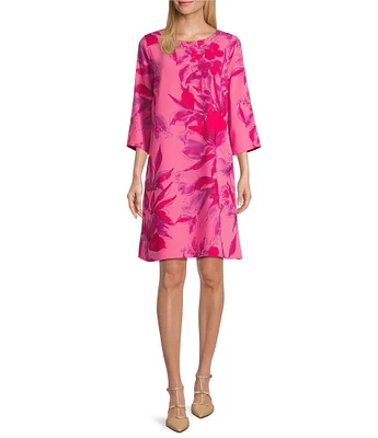 Caroline Rose Flower Splash Print Round Neck 3/4 Sleeve Dress