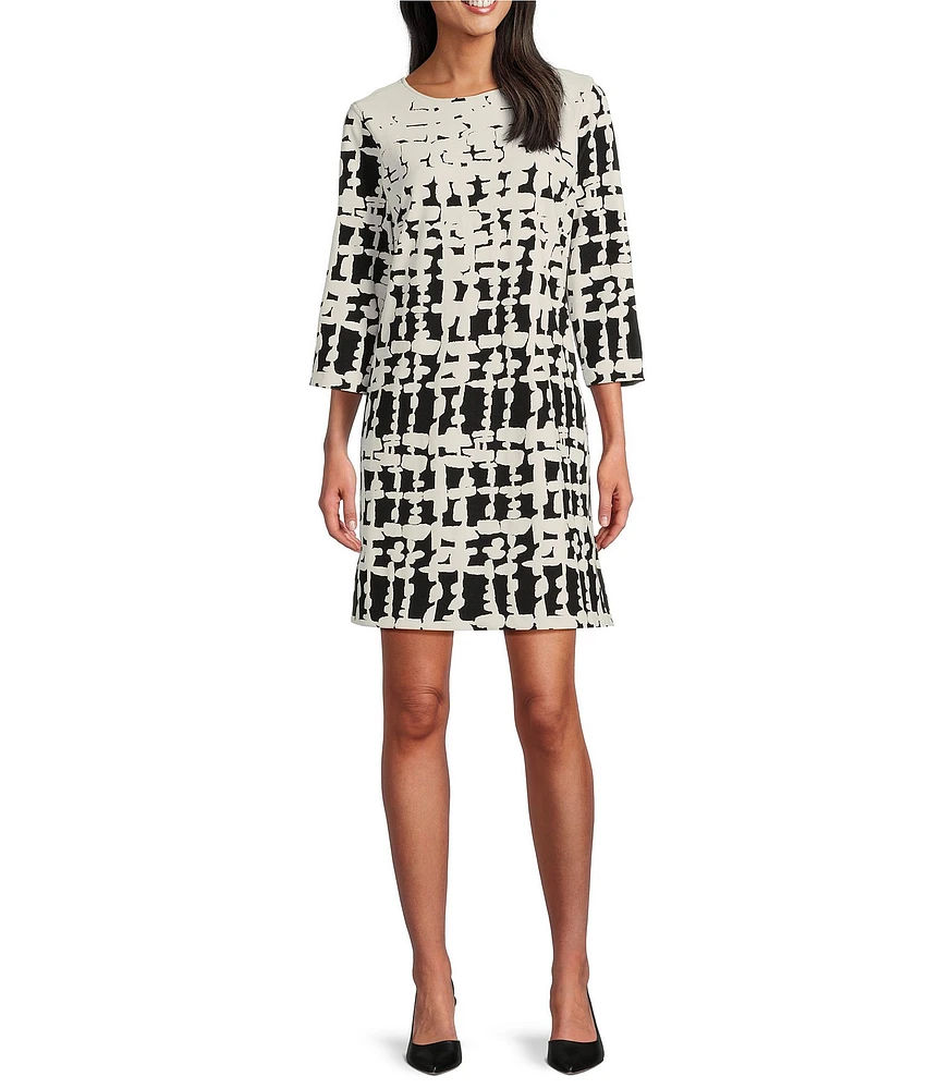 Caroline Rose Knit Contrasting Views Print Scoop Neck 3/4 Sleeve Easy Dress