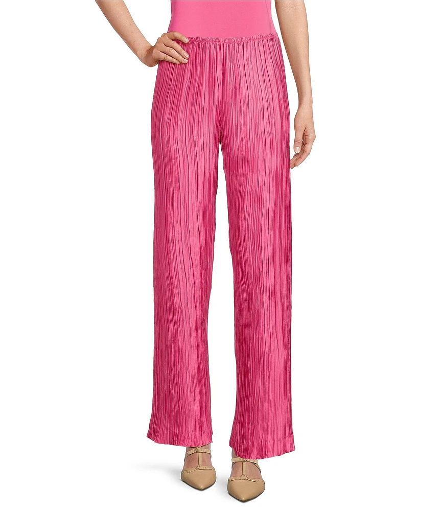 Caroline Rose Plisse Crinkled Pleat Straight-Leg Coordinating Pull-On Pants