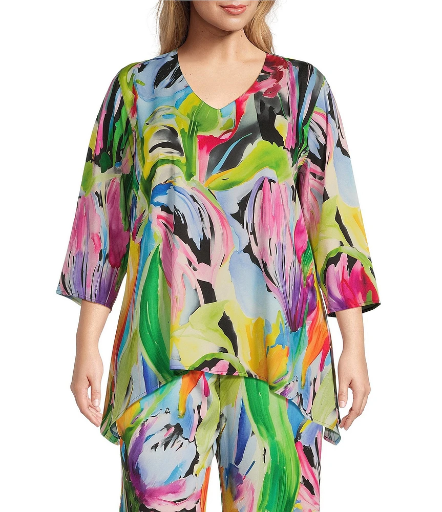 Caroline Rose Plus Coordinating Brilliant Bouquet Breezy Stretch Woven V-Neck 3/4 Sleeve Tunic