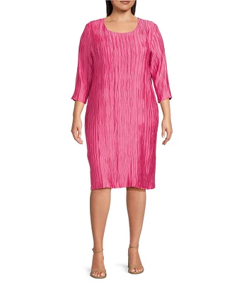 Caroline Rose Plus Size Plisse Knit Scoop Neck 3/4 Sleeve A-Line Dress