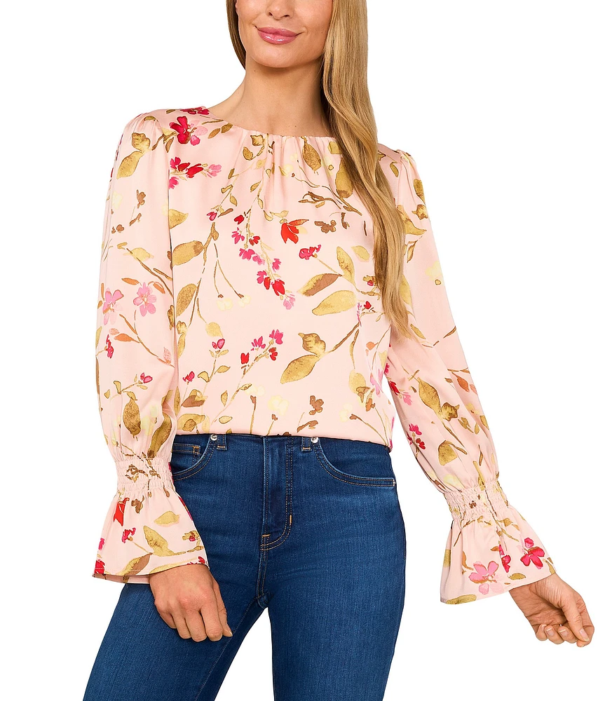 CeCe Charmeuse Floral Print Crew Neck Smocked Cuff Long Sleeve Blouse