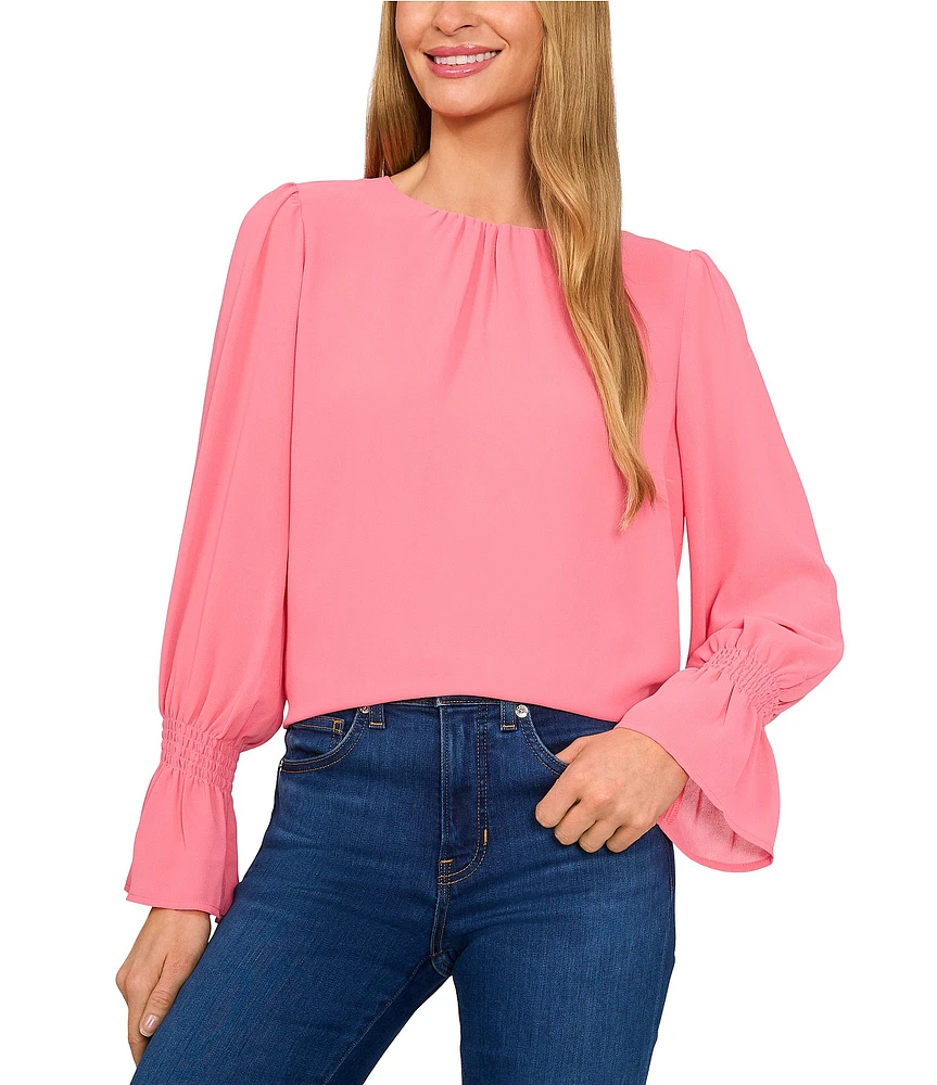 CeCe Charmeuse Round Neck Long Sleeve Smocked Cuff Blouse