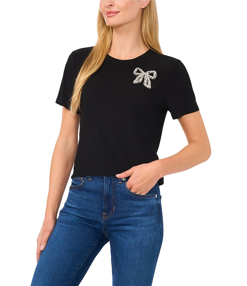 CeCe Crew Neck Short Sleeve Embellished Bow Tee