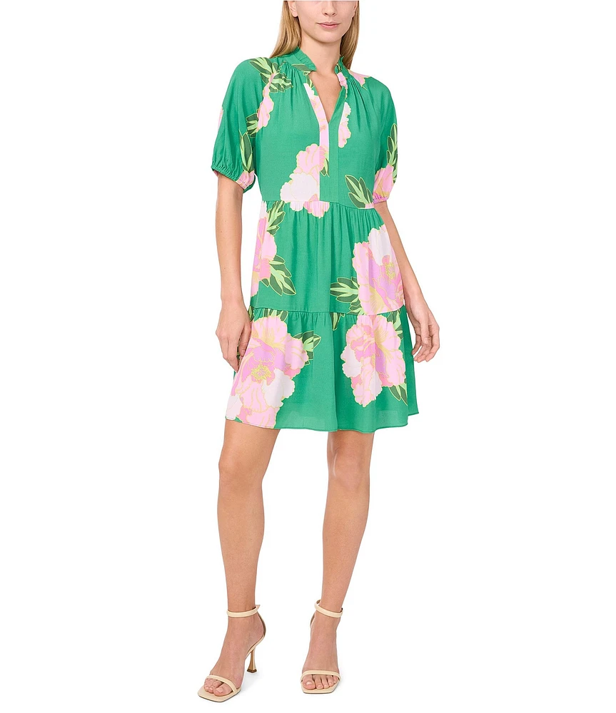 CeCe Floral Print Split Round Neck Short Sleeve Tiered A-Line Dress
