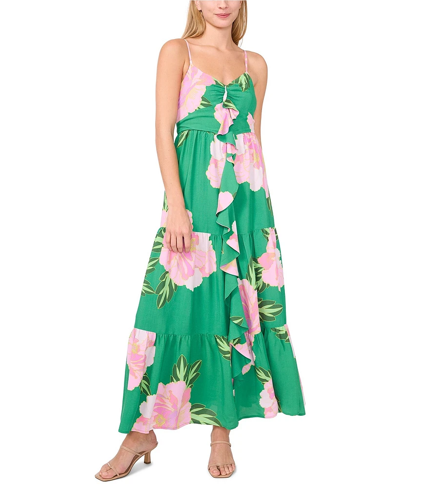 CeCe Floral Print V-Neck Sleeveless Tiered Ruffle Maxi A-Line Dress