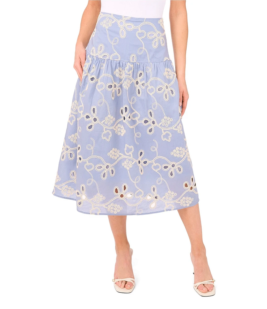 CeCe Flouncy Floral Embroidered Midi Skirt