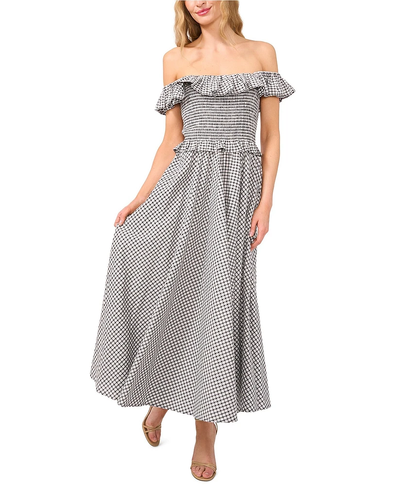 CeCe Gingham Off-The-Shoulder Sleeveless Ruffle Smocked Maxi A-Line Dress