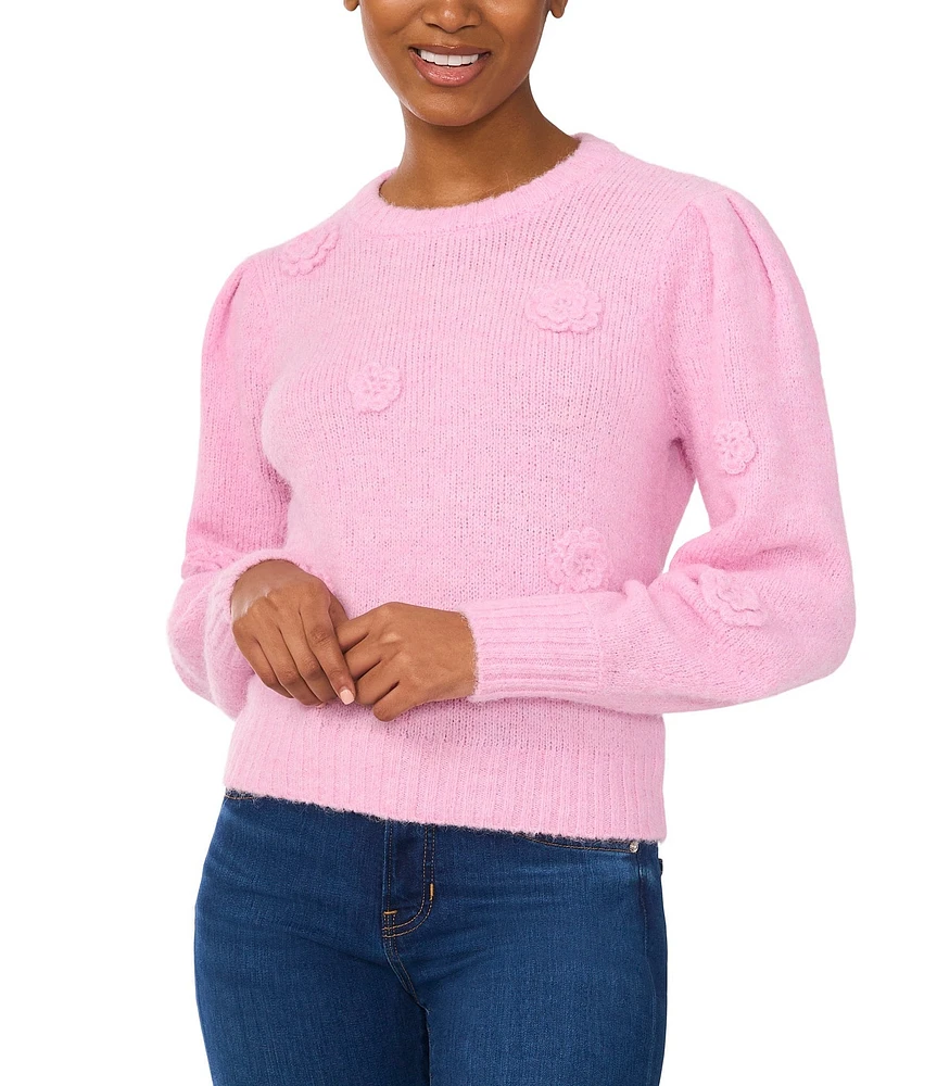 CeCe Knit Crew Neck Long Sleeve 3D Flower Sweater