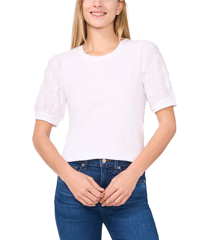CeCe Mixed Media Crew Neck Embroidered Short Puff Sleeve Tee