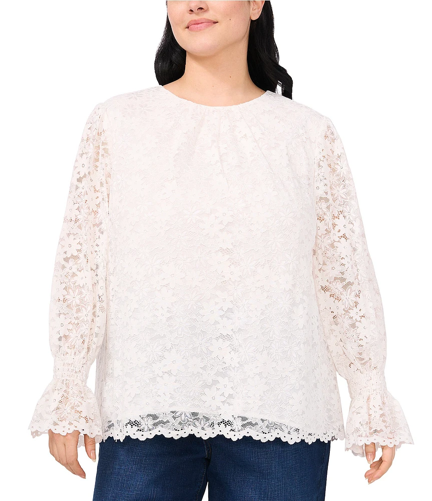 CeCe Plus Lace Crew Neck Long Sleeve Smocked Cuff Blouse