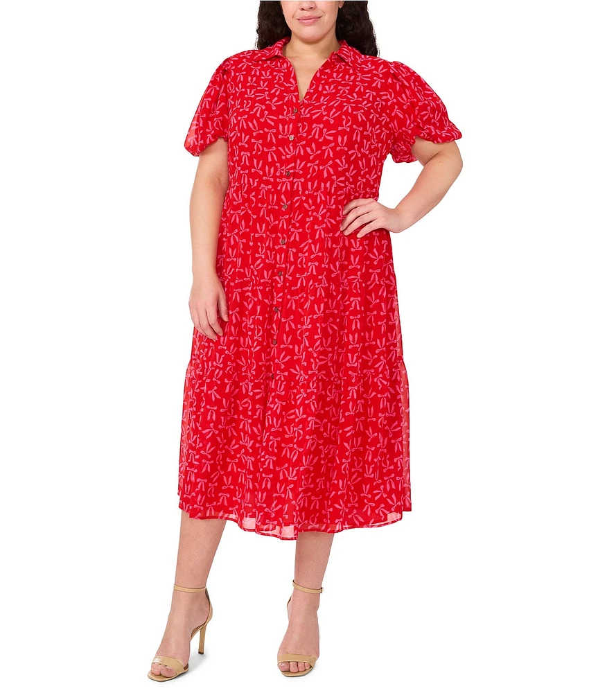 CeCe Plus Size Gauze Chiffon Bow Print Point Collar Short Sleeve Tiered Midi Dress