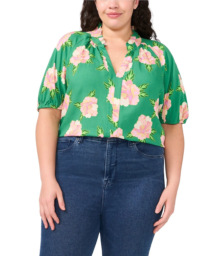 CeCe Plus Woven Floral Print Round Neck Short Puff Sleeve Blouse