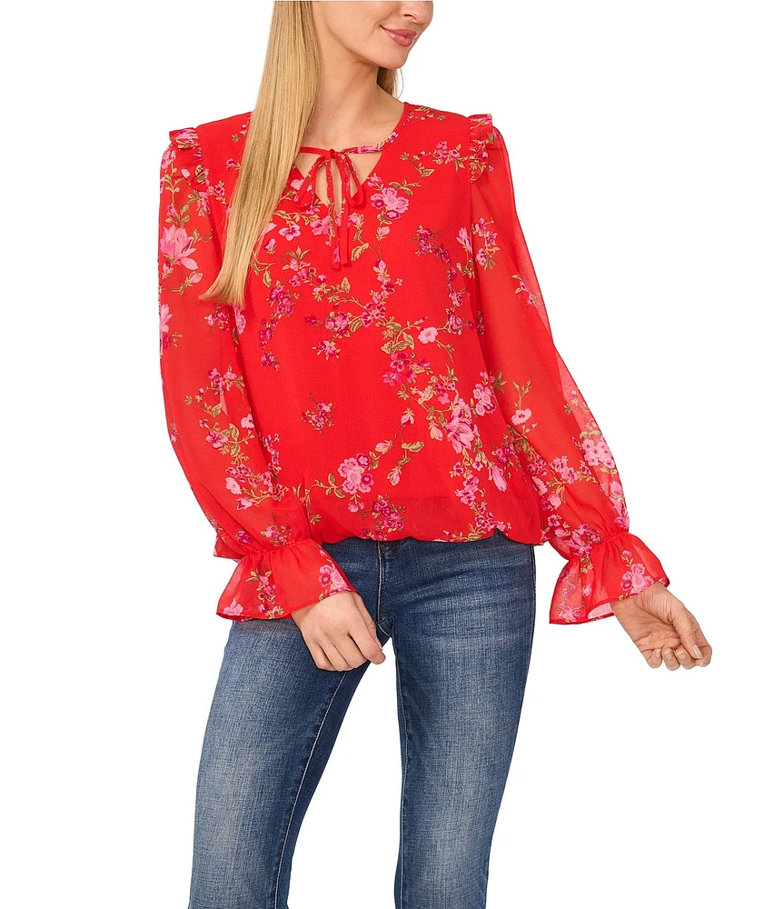CeCe Woven Floral Print V-Neck Long Sleeve Tie Front Blouse