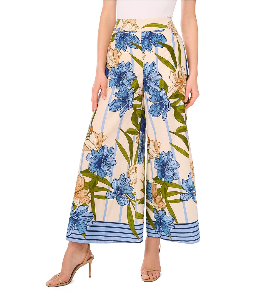 CeCe Woven Floral Print Wide Leg Pull-On Coordinating Pants